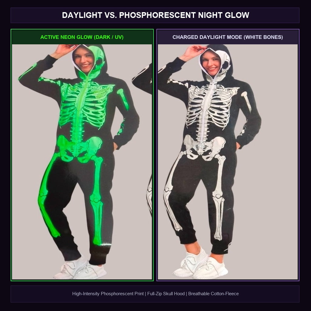Luminescent Bones Adult Glow Skeleton Onesie Day and Night Breakdown