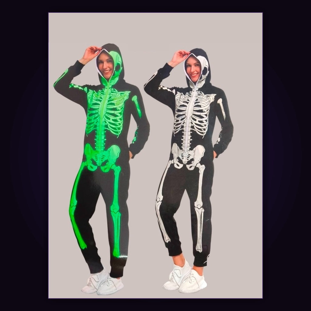 Luminescent Bones Adult Glow-in-the-Dark Skeleton Hooded Jumpsuit Hero