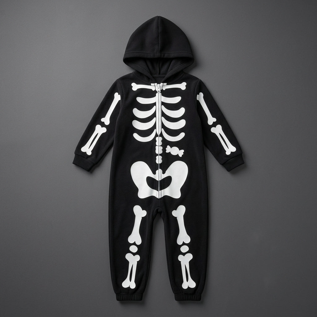 Cozy Bones Toddler & Kids Skeleton Hooded Jumpsuit Flat Lay