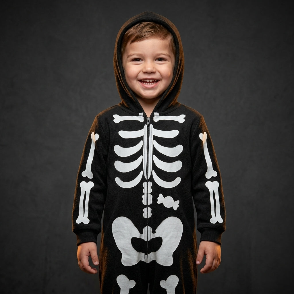 Cozy Bones Toddler & Kids Skeleton Hooded Jumpsuit Model