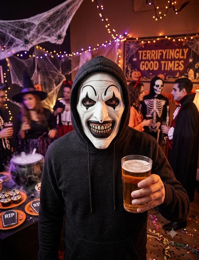 Model wearing Sinister Clown Mime Latex Mask with black hoodie at party