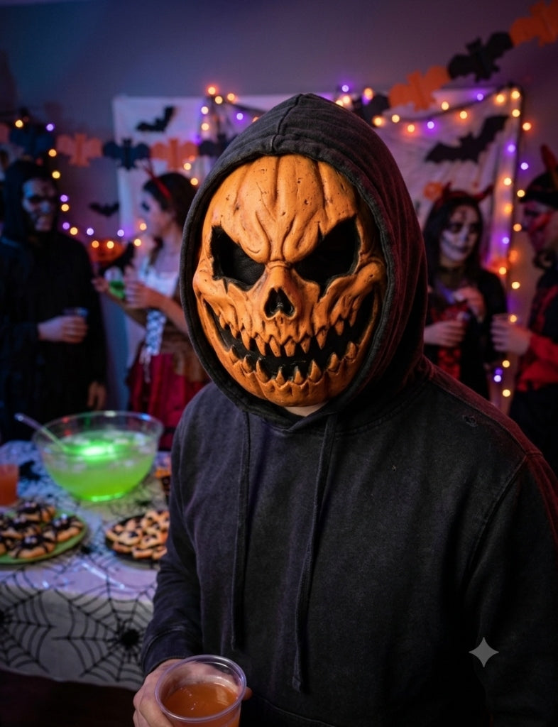 Model wearing Evil Pumpkin Skull Latex Mask with black hoodie