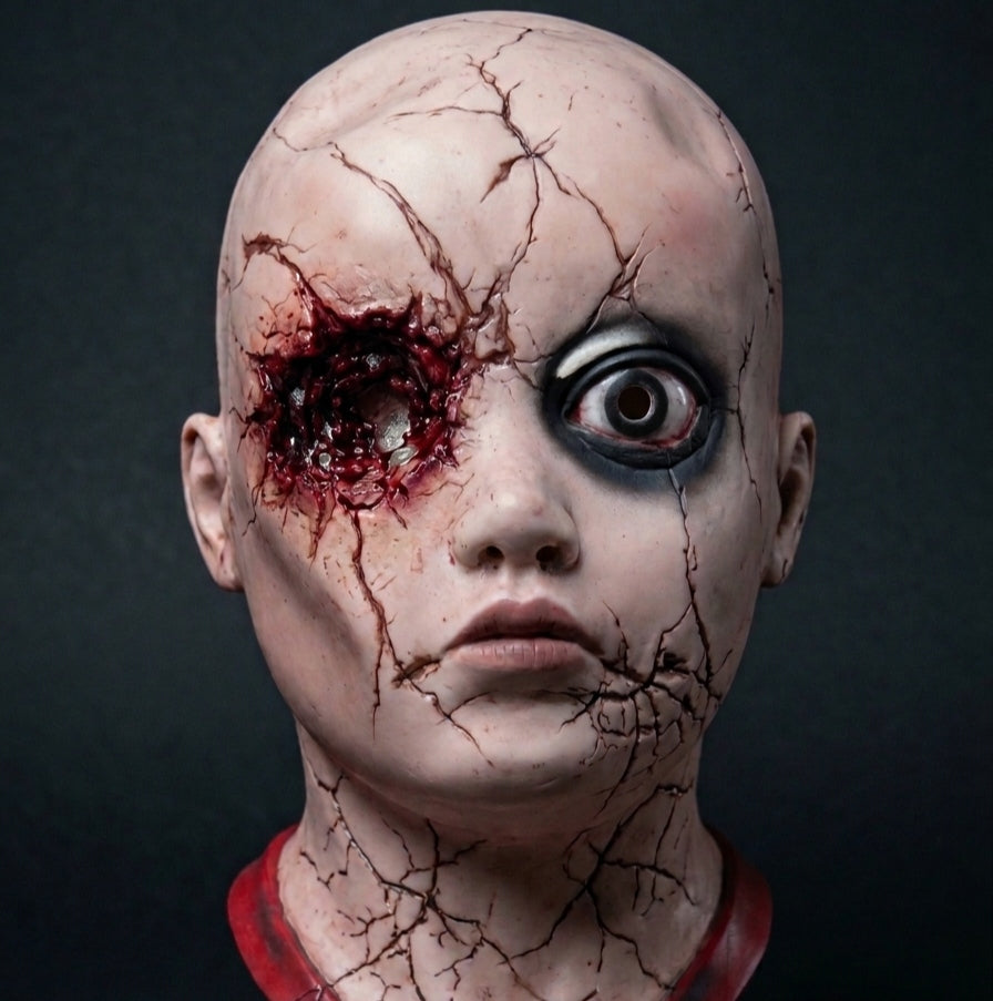 Cracked Porcelain Creepy Doll Deluxe Overhead Latex Mask Hero