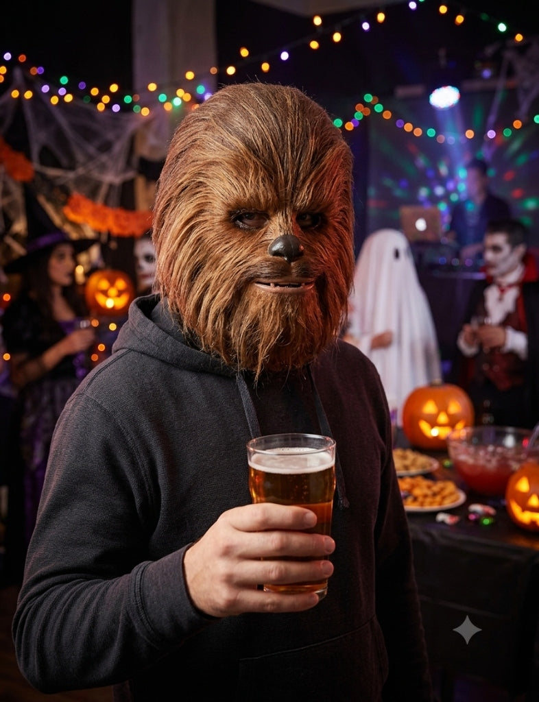 Model wearing Faux Fur Wookiee Creature Latex Mask with black hoodie at party