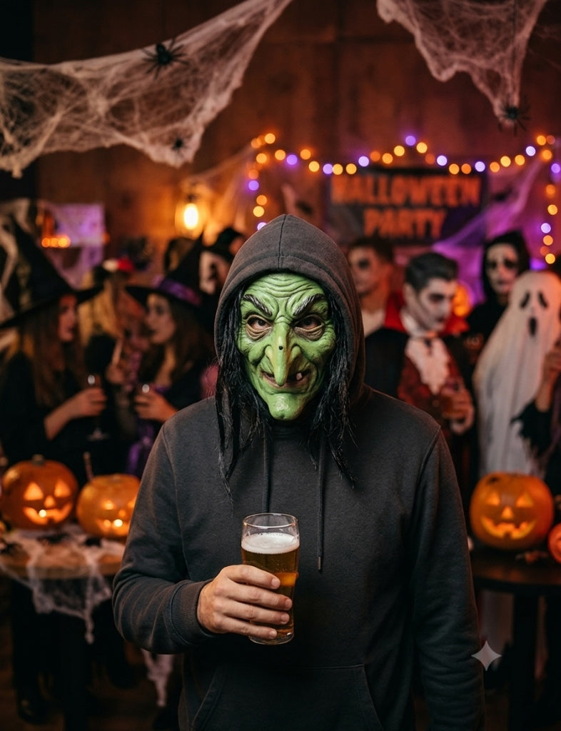 Model wearing Green Wicked Witch Hag Latex Mask with hair at party