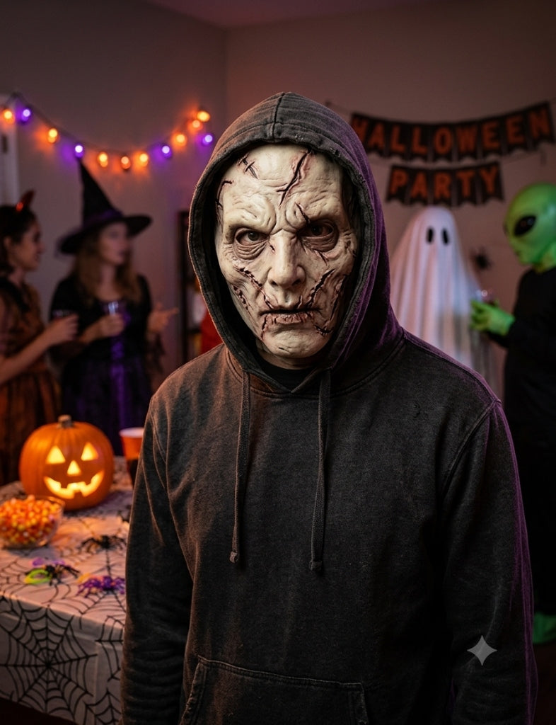 Model wearing Stitched Flesh Slasher Undead Deluxe Latex Mask under black hoodie